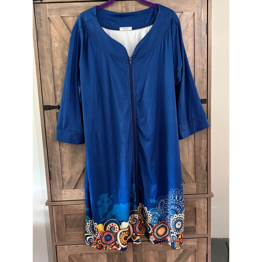 Ekouaer Blue Zip Front Robe House Dress XL Boho Paisley Mandala Print Loungewear